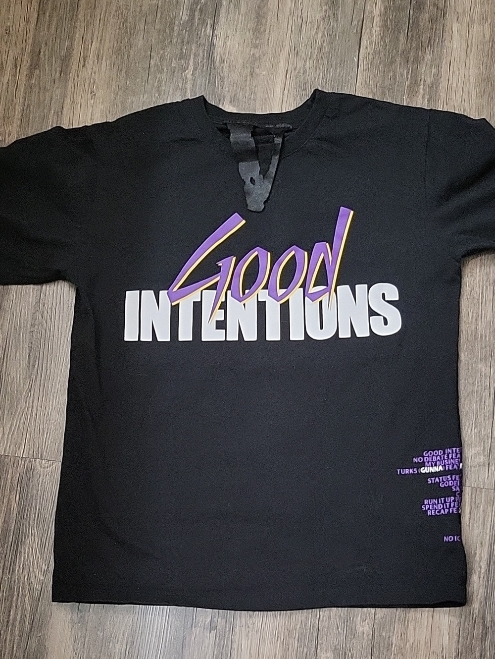 VLONE Black Graphic Tee with Purple & Gold 'Good Intentions' Print